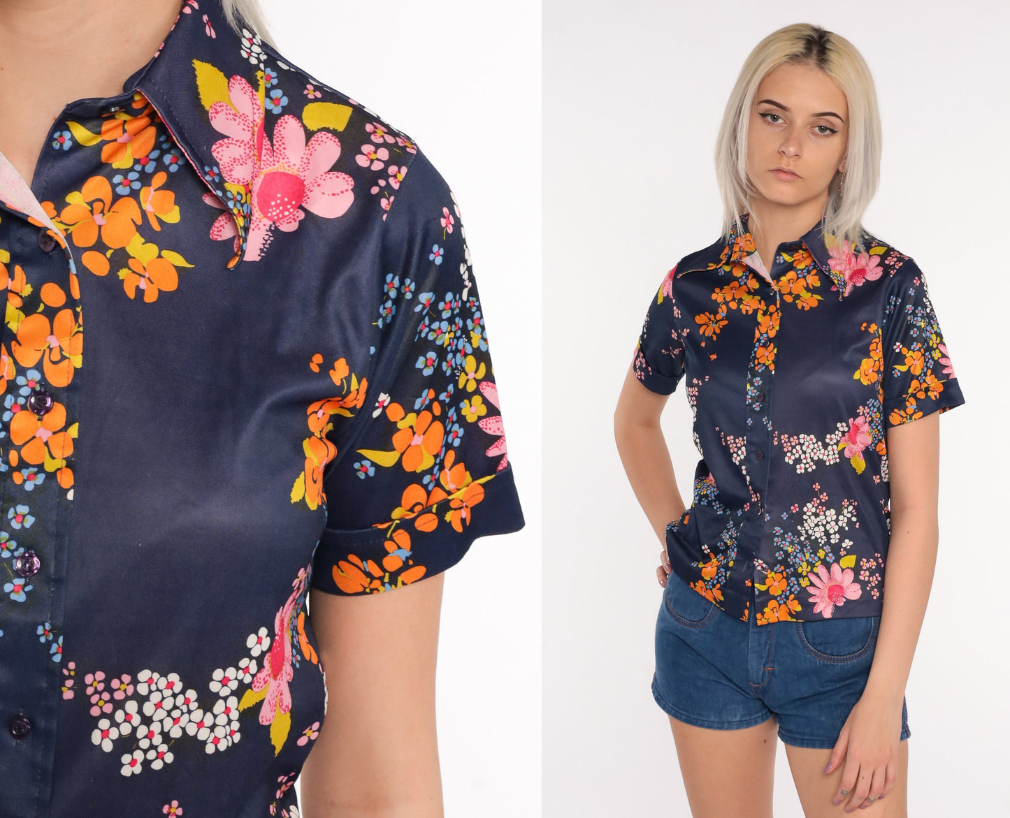 70s Blue Floral Button-Up Blouse Dagger Collar Short Sleeve Small S