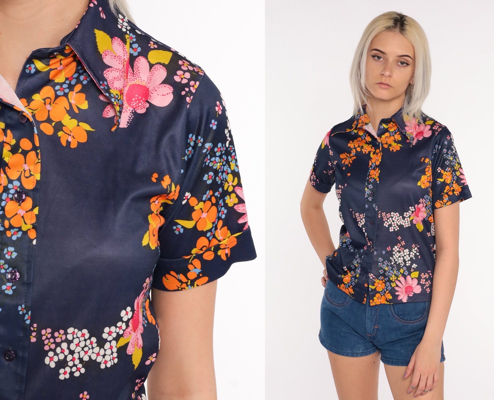 70s Blue Floral Button-Up Blouse Dagger Collar Short Sleeve Small S