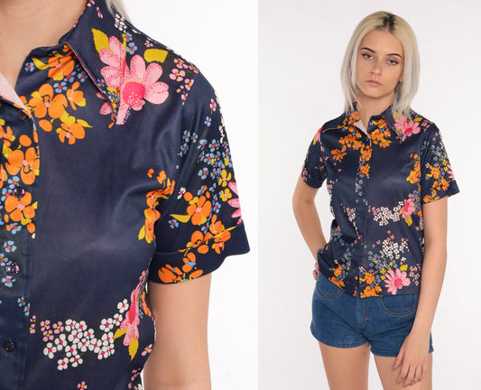 70s Blue Floral Button-Up Blouse Dagger Collar Short Sleeve Small S