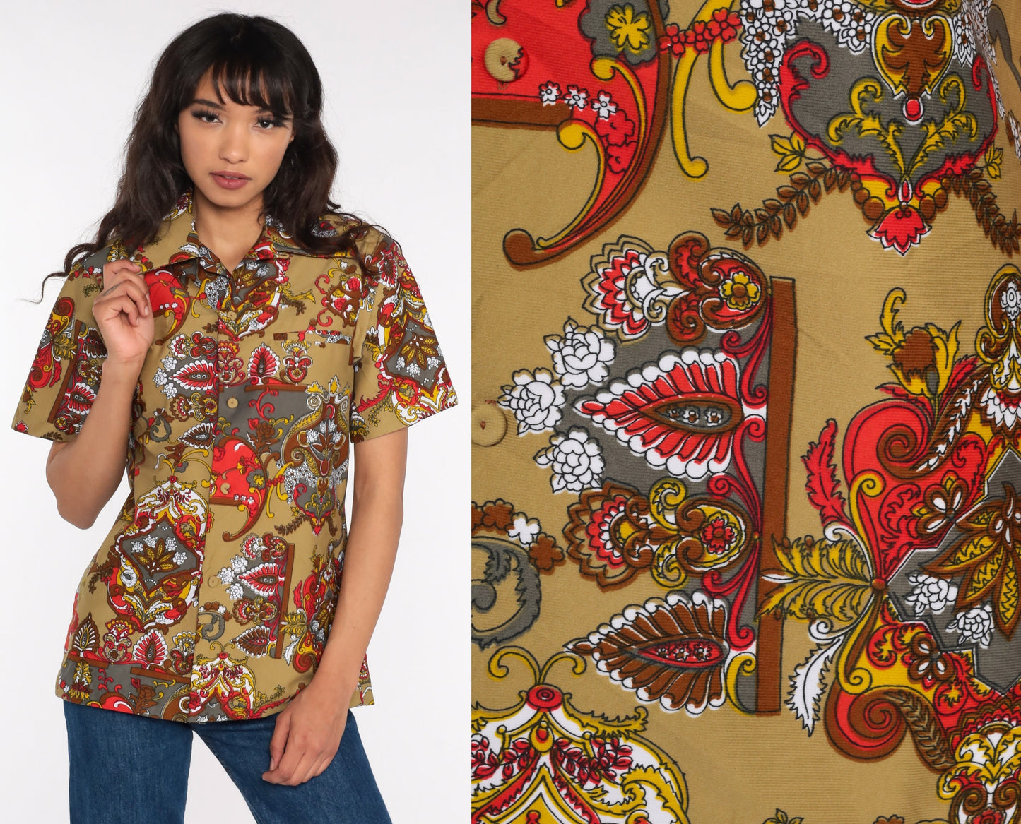 70s Psychedelic Acid Print Button Up Shirt Short Sleeve Unisex Small Medium