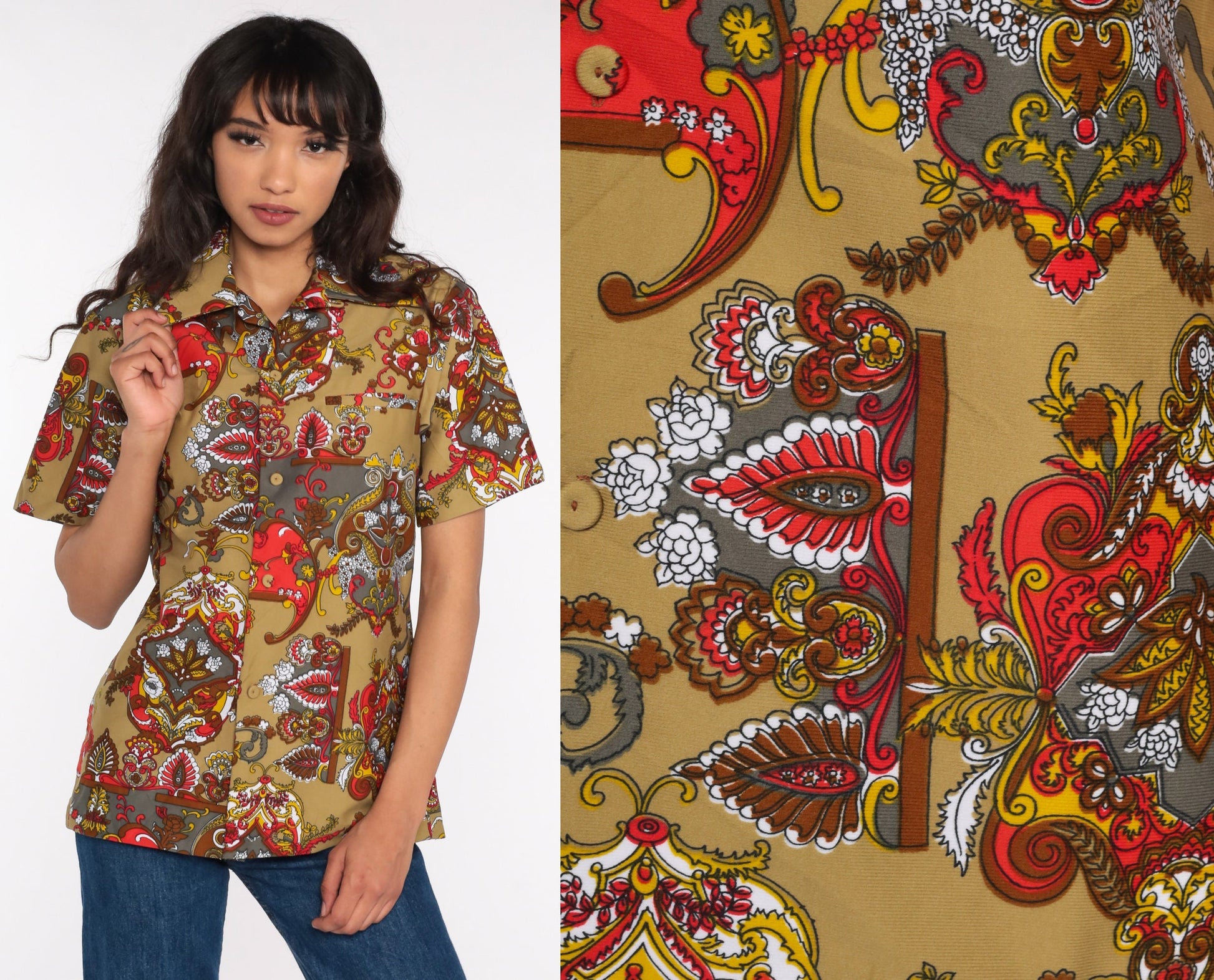 70s Psychedelic Acid Print Button Up Shirt Short Sleeve Unisex Small Medium