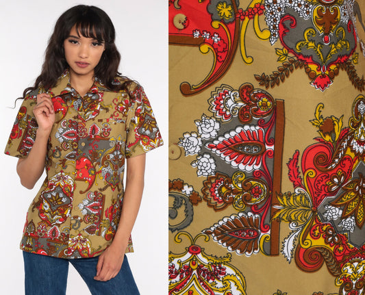 70s Psychedelic Acid Print Button Up Shirt Short Sleeve Unisex Small Medium