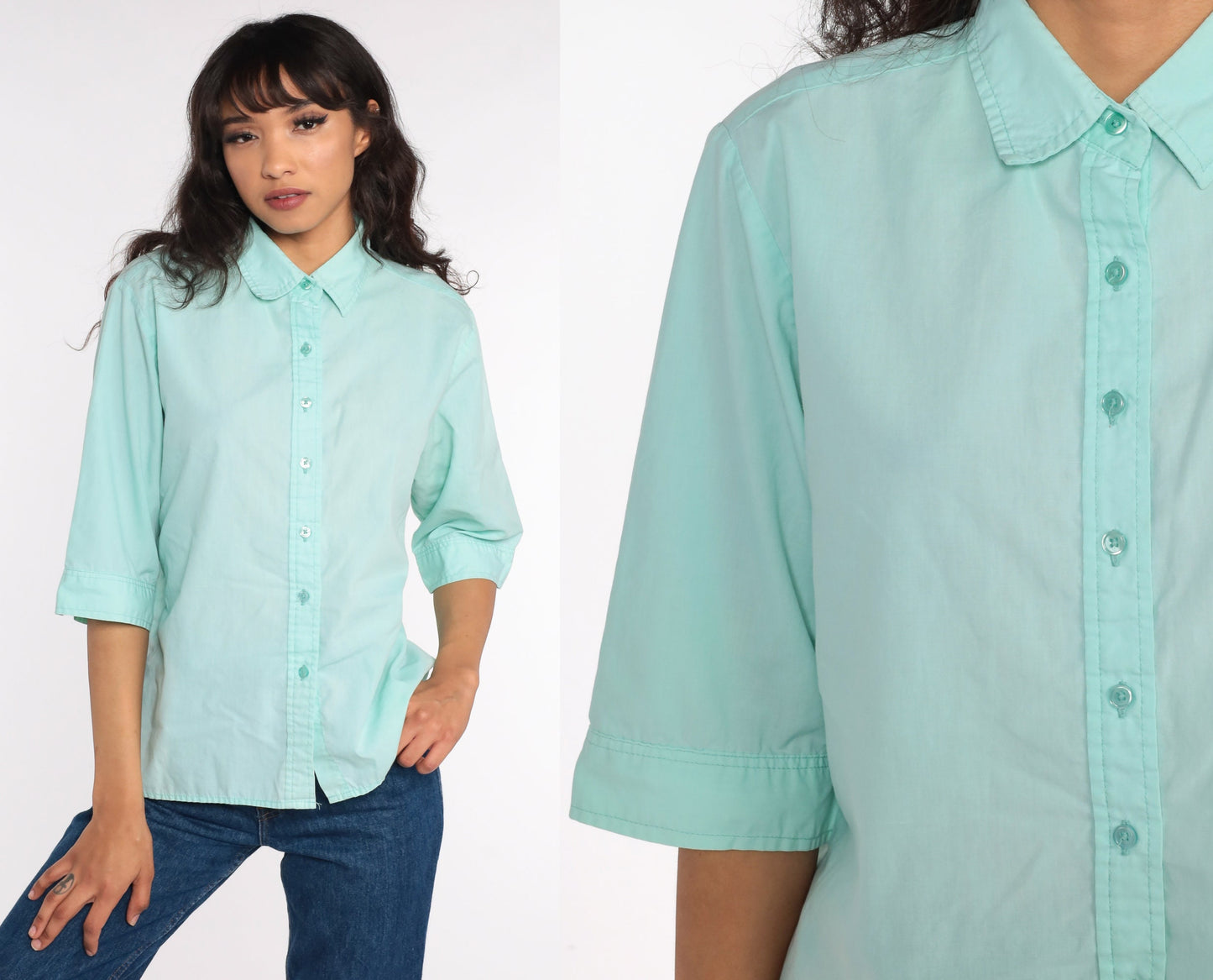80s Aqua Blue Cotton Button-Up Blouse 3/4 Sleeve Collared Shirt Large