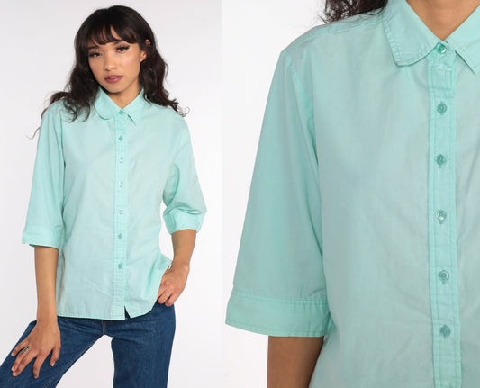 80s Aqua Blue Cotton Button-Up Blouse 3/4 Sleeve Collared Shirt Large