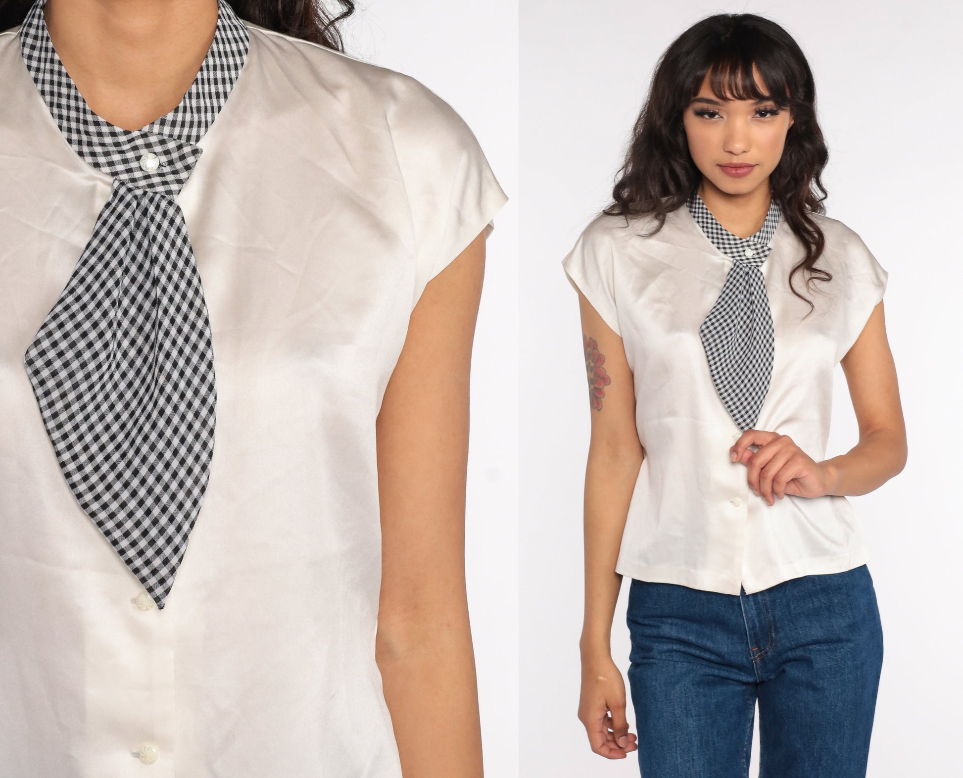 70s White Satin Blouse Gingham Ascot Cap Sleeve Button Up Medium