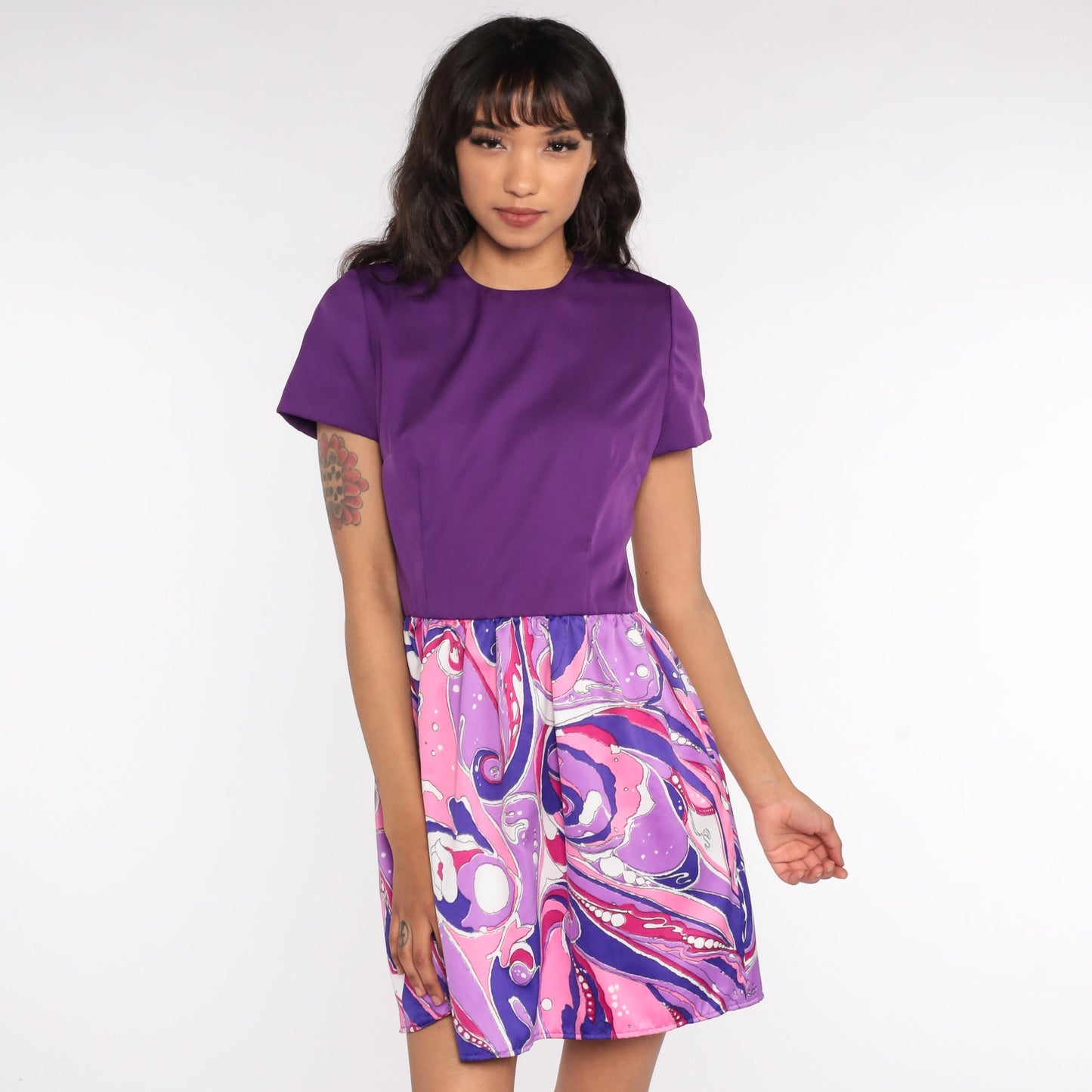 70s Psychedelic Mini Dress Pink Purple Short Sleeve Small