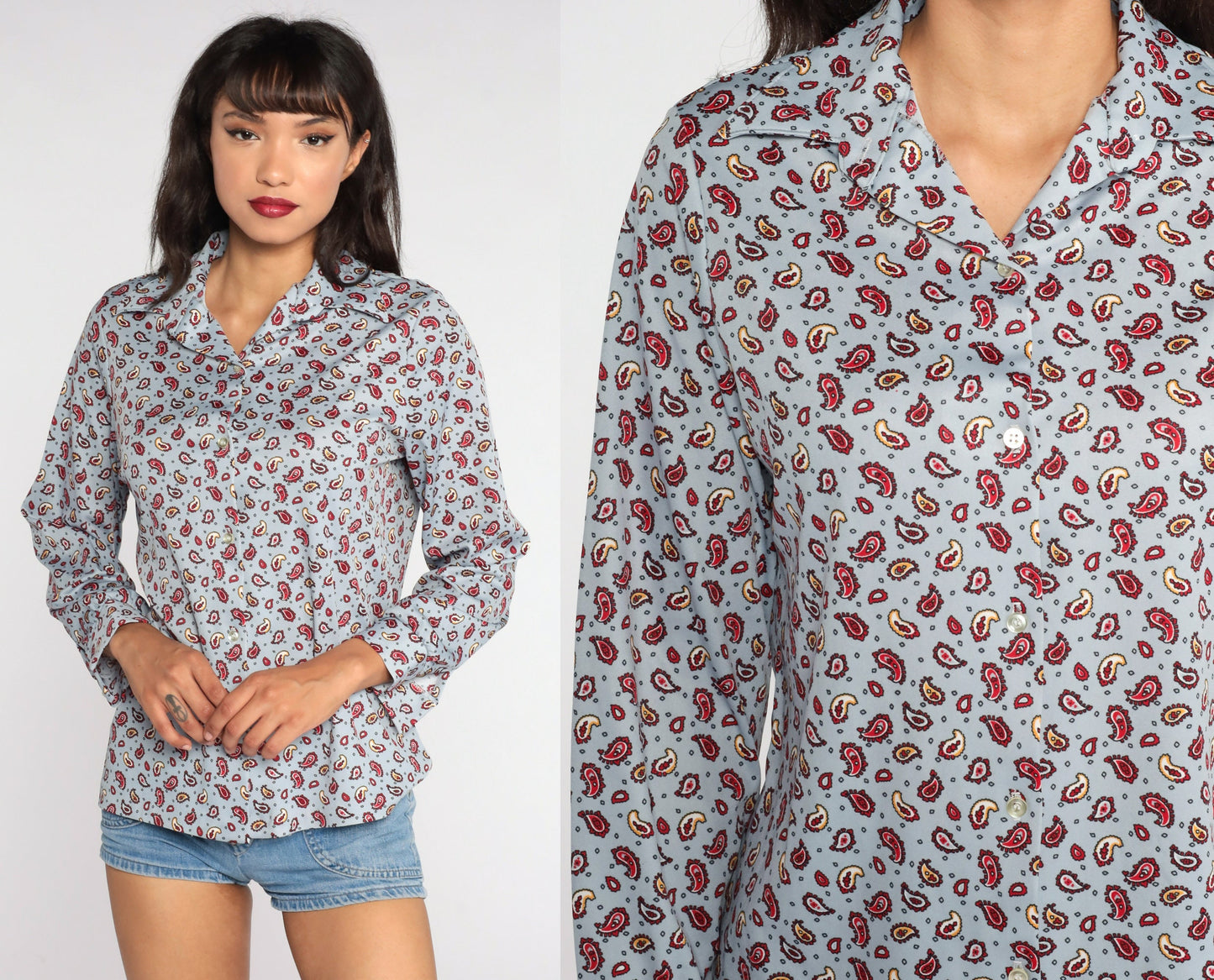 70s Paisley Print Blouse Blue Long Sleeve Button Up Medium