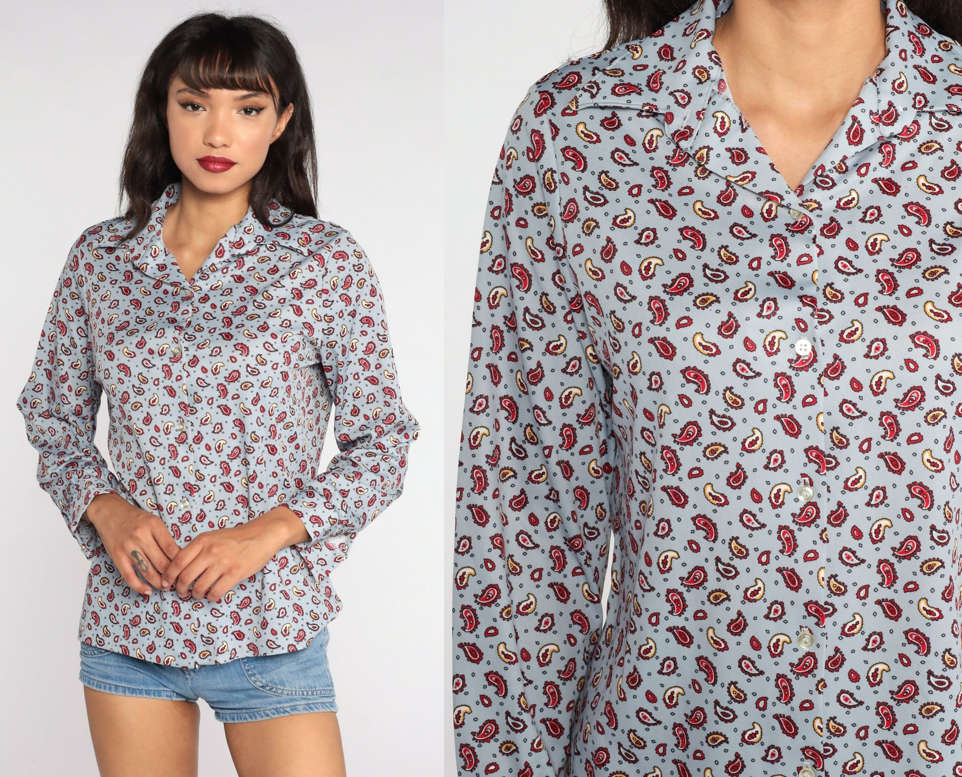 70s Paisley Print Blouse Blue Long Sleeve Button Up Medium