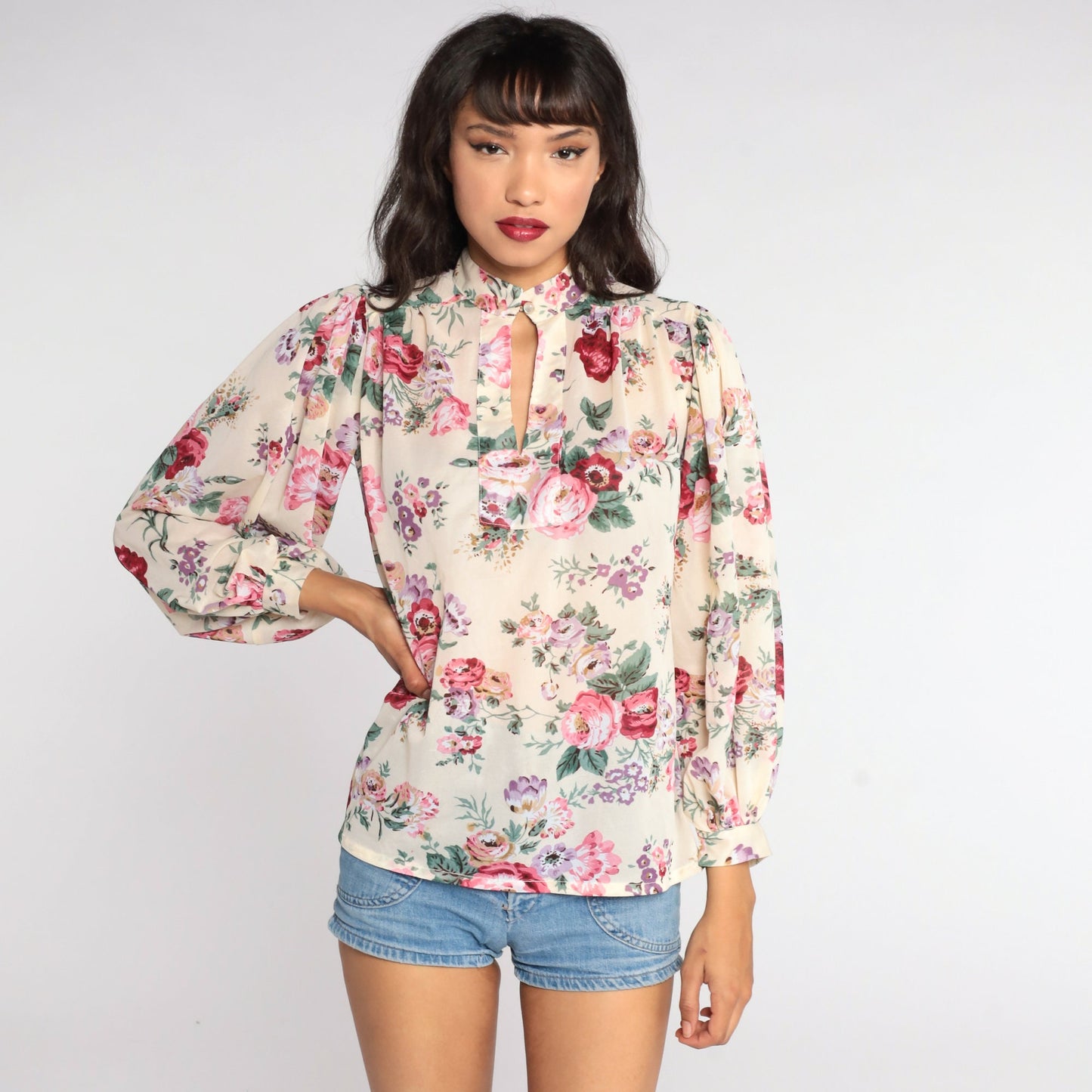 80s Floral Keyhole Blouse Puff Sleeve Semi-Sheer Medium
