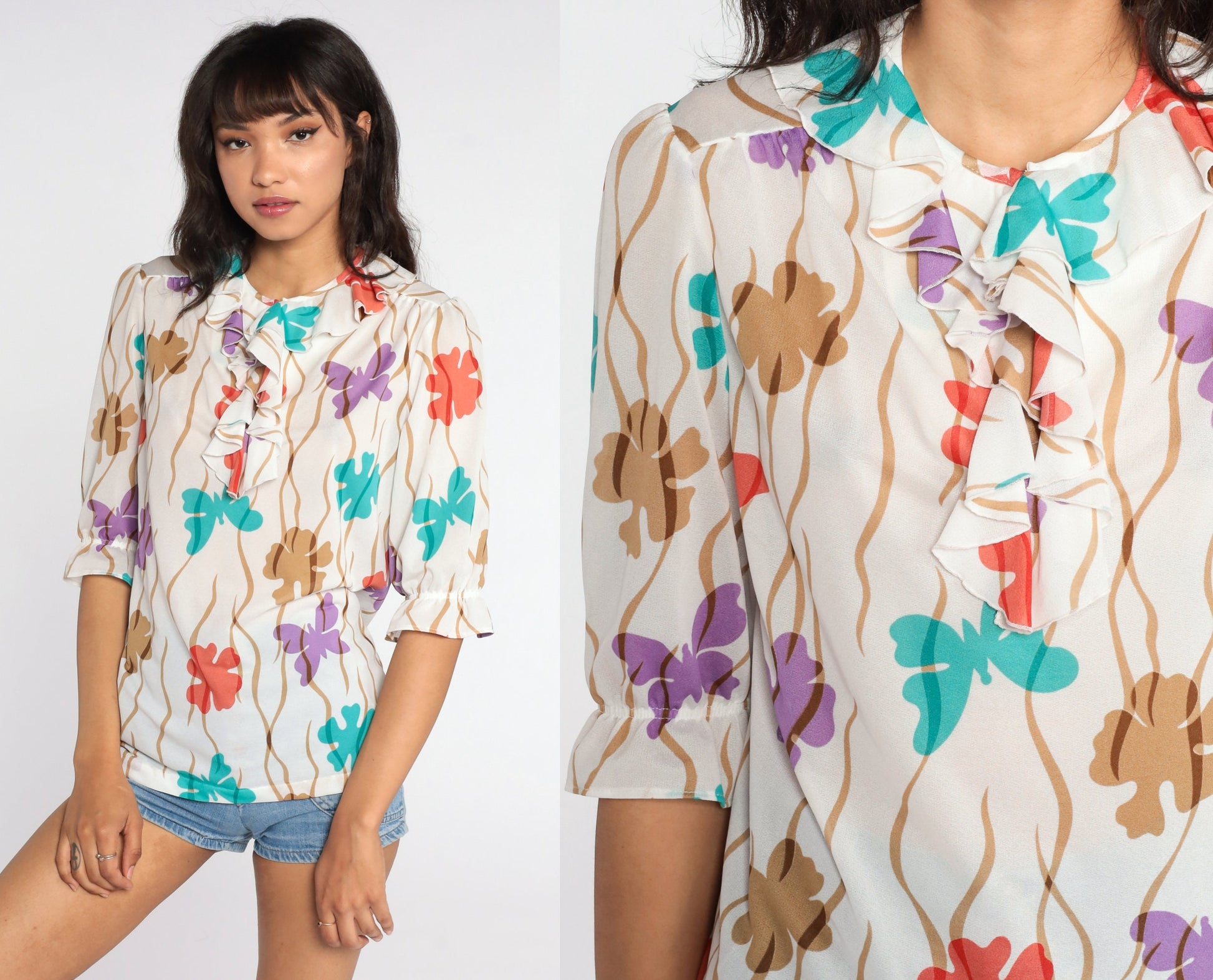 70s Butterfly Print Puff Sleeve Blouse Ruffle Neck Button Up Medium
