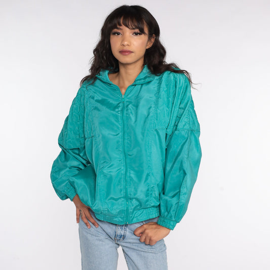 80s Turquoise Quilted Windbreaker Jacket Zip Up Large