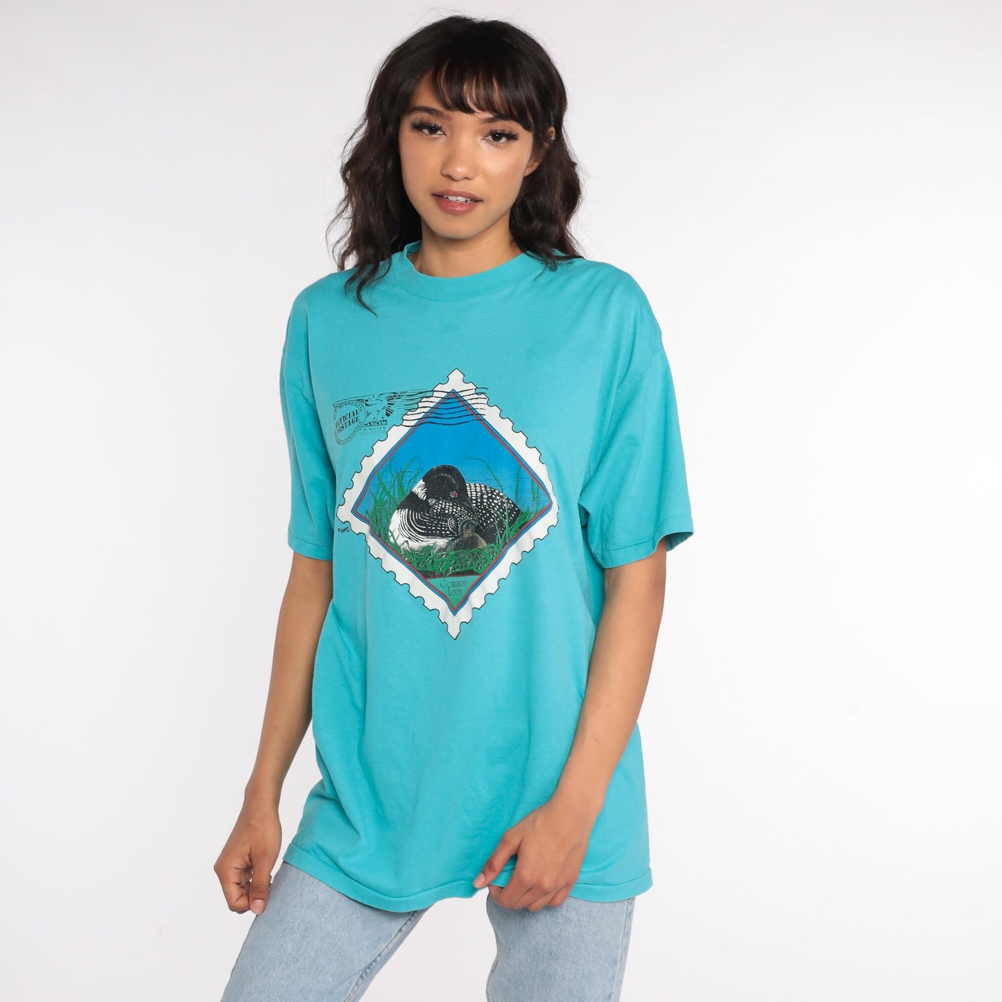 80s Common Loon Postage Stamp Graphic T-Shirt Bird Print Large