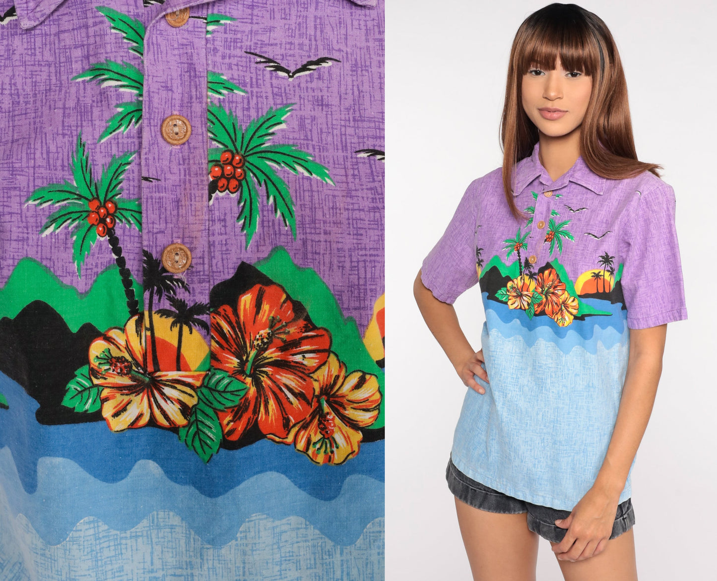 70s Tropical Palm Tree Flower Print Button-Up Shirt Blue Purple Cotton Medium