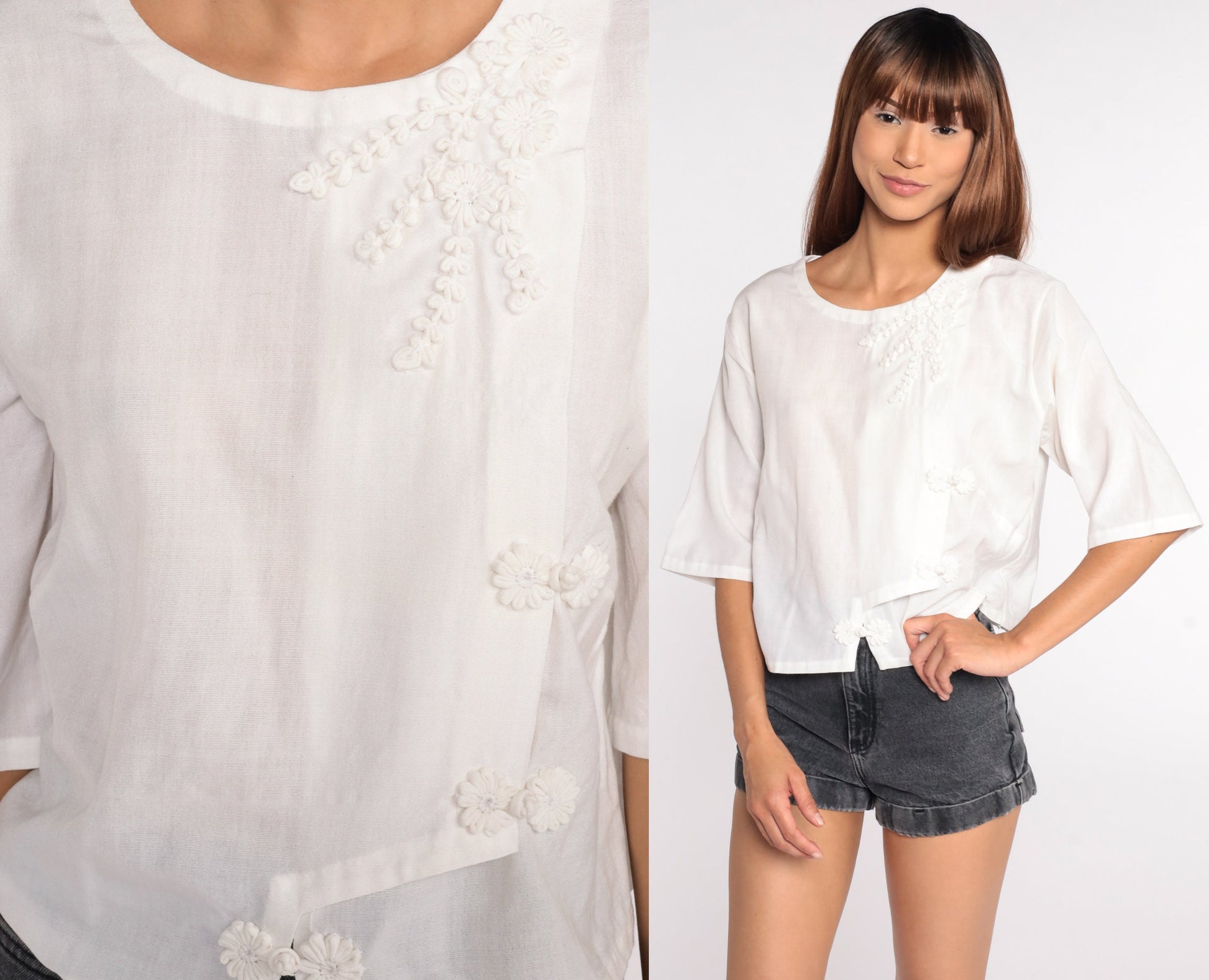 80s White Floral Frog Closure Blouse Short Sleeve Button Up Medium Large