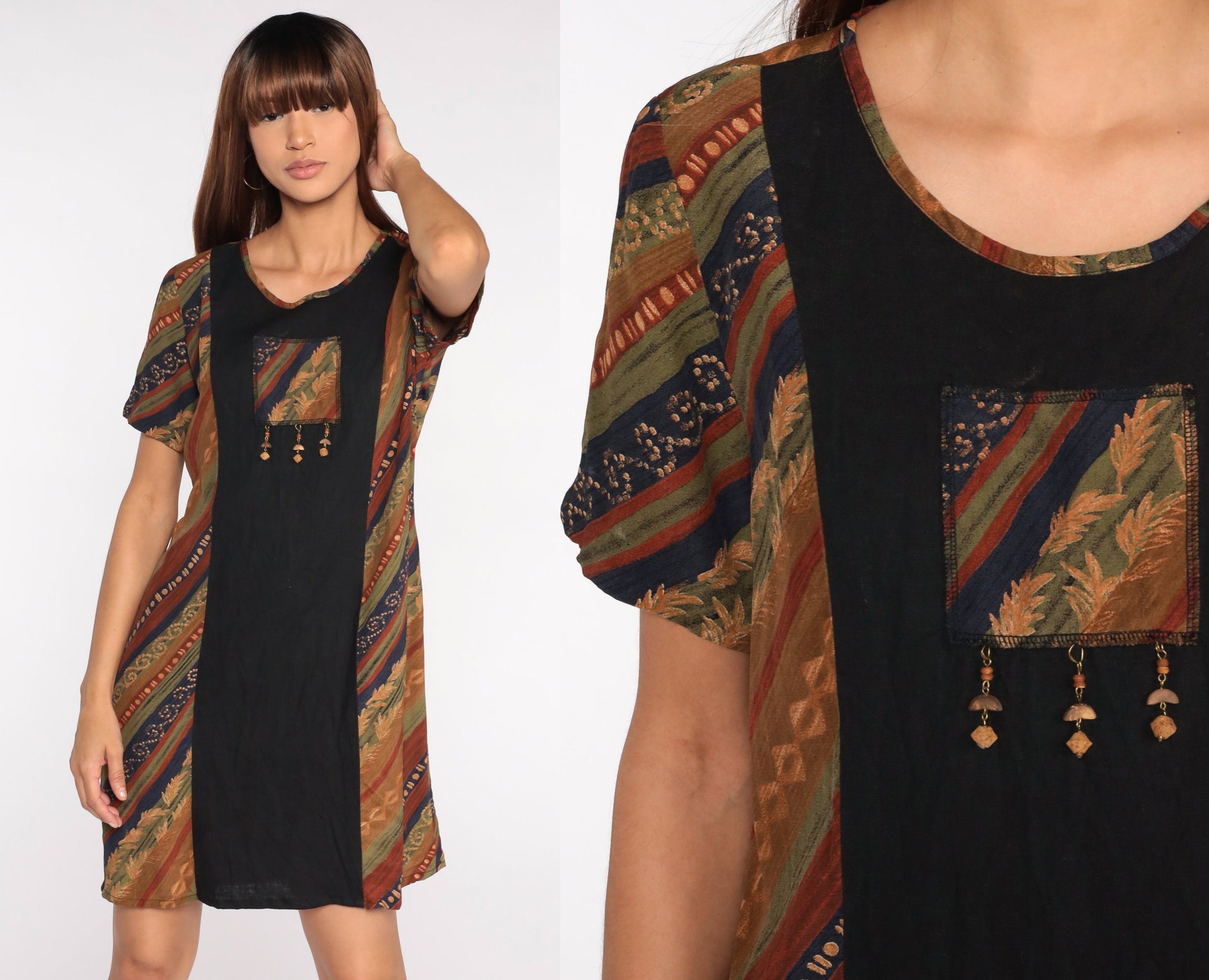 90s Striped Mini Dress Beaded Chest Black Shift Small S