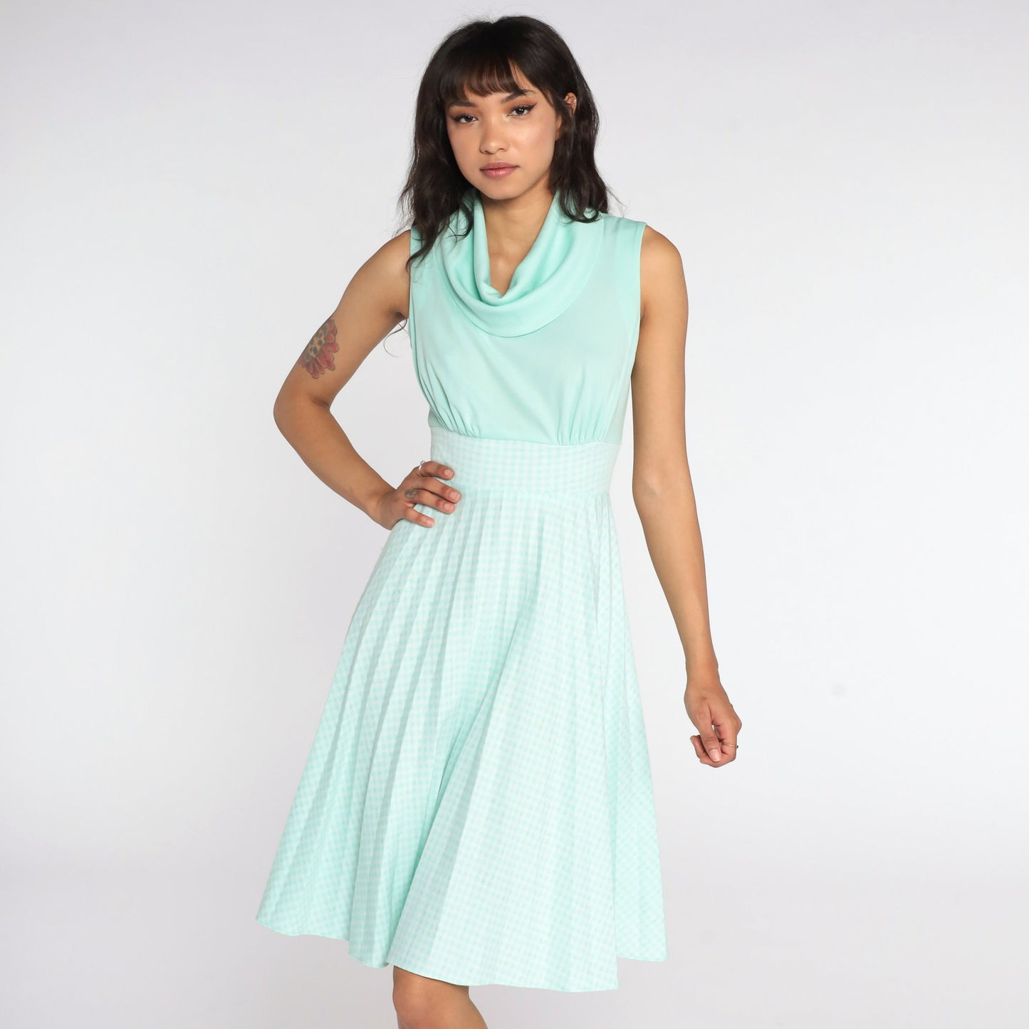 70s Mint Gingham Empire Waist Dress Cowl Neck Pleated Sleeveless Small
