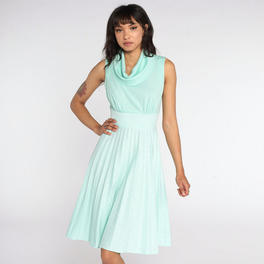 70s Mint Gingham Empire Waist Dress Cowl Neck Pleated Sleeveless Small