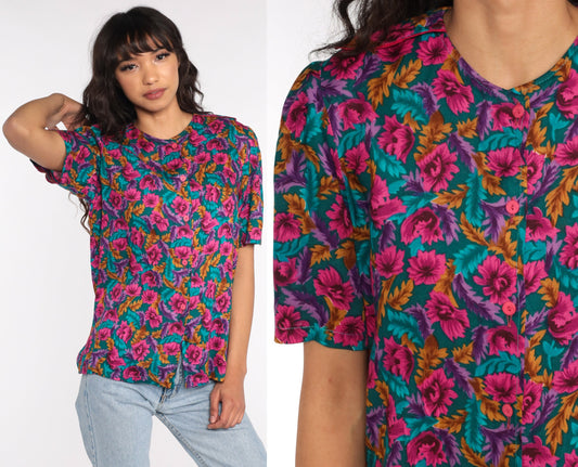 80s Floral Puff Sleeve Button-Up Blouse Turquoise Pink Medium