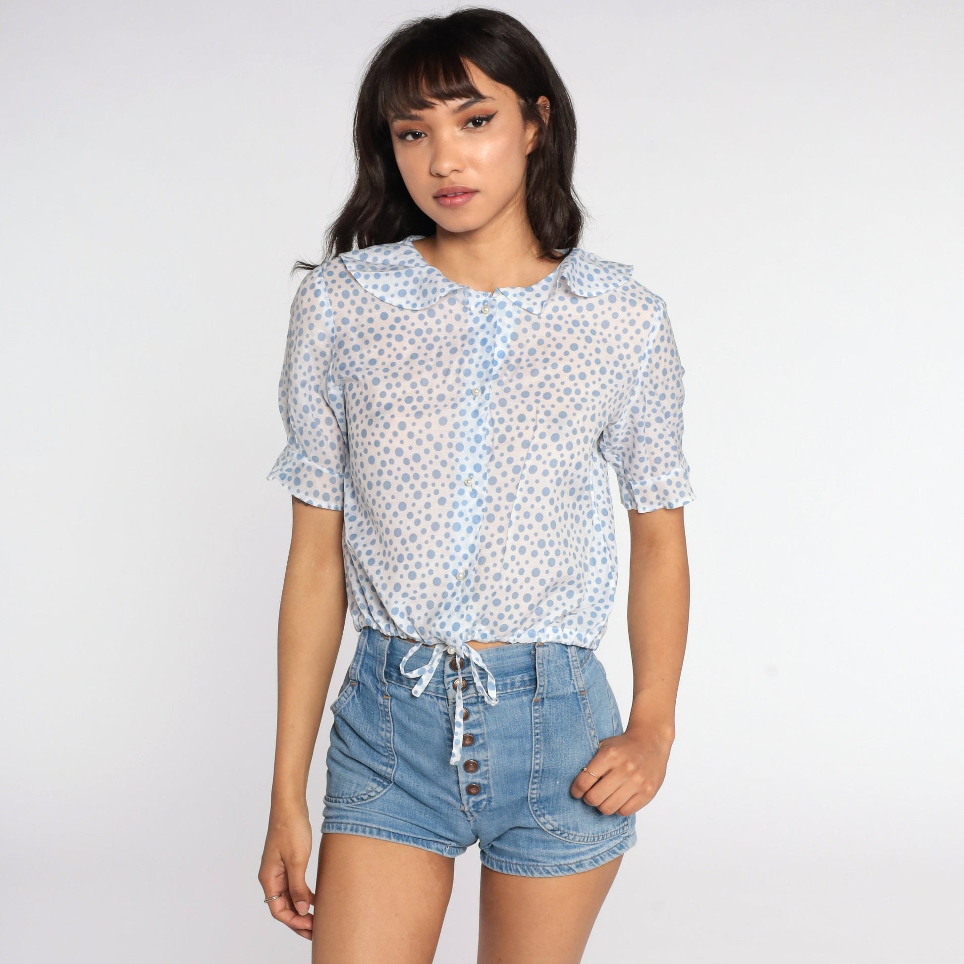 70s Polka Dot Crop Top Sheer White Pearl Button Blouse Small