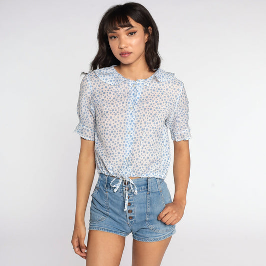70s Polka Dot Crop Top Sheer White Pearl Button Blouse Small