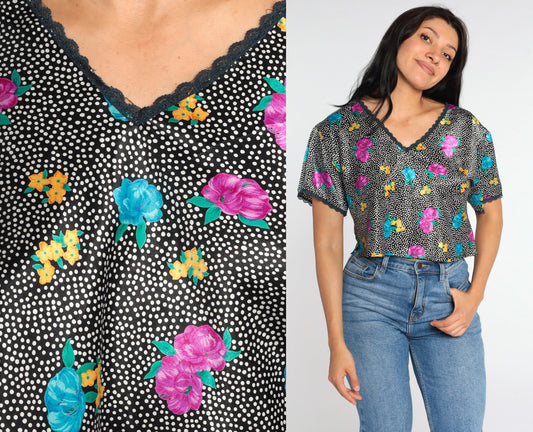 90s Black Floral Polka Dot Blouse Lace Trim V-Neck Short Sleeve Medium Large