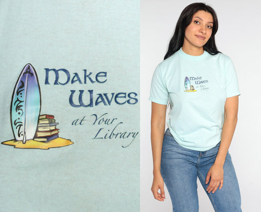 80s Make Waves at Your Library Graphic Tee Aqua Blue Iron On Small