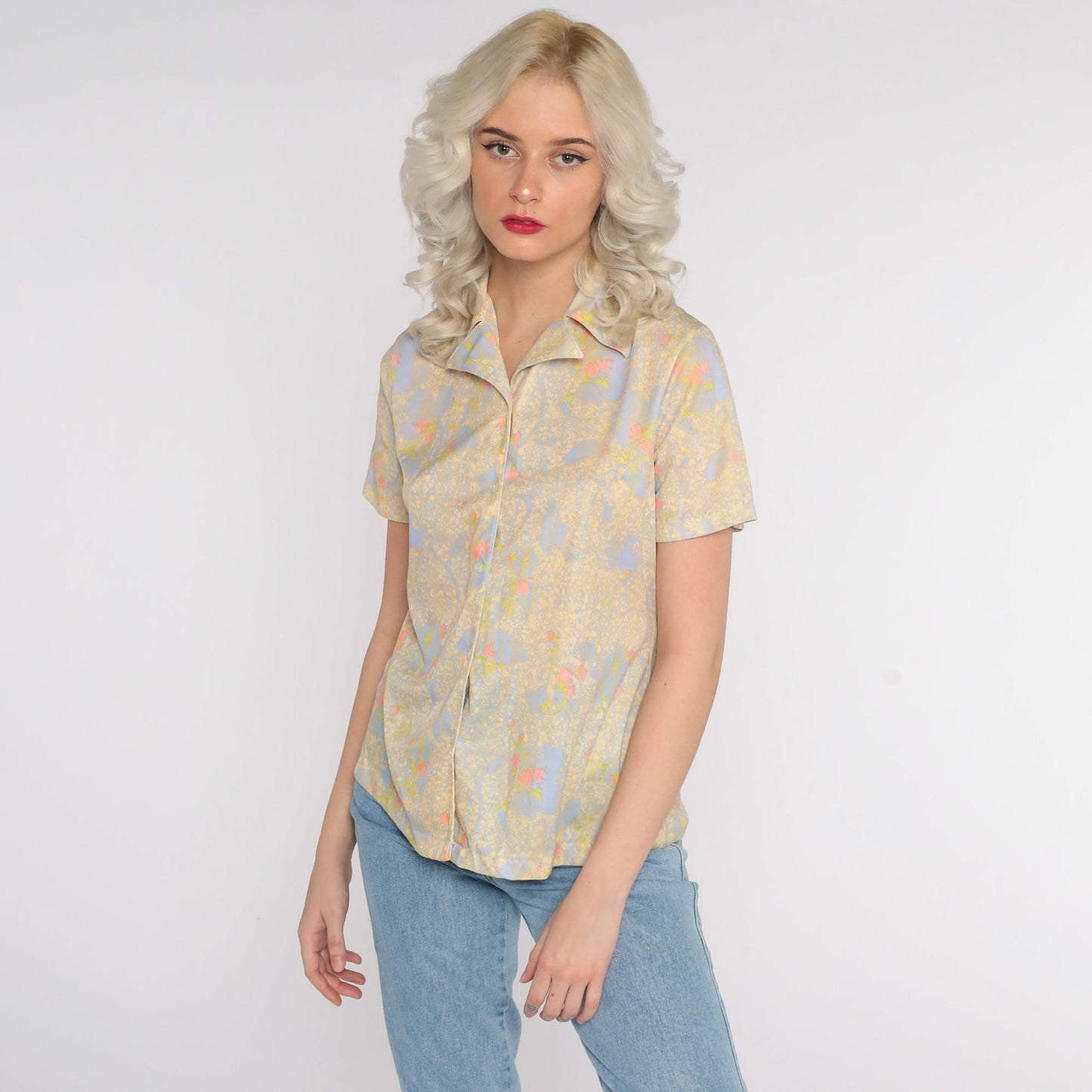 70s Abstract Floral Print Button-Up Blouse Yellow Purple Short Sleeve Small