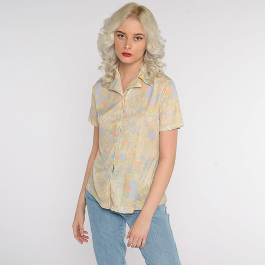 70s Abstract Floral Print Button-Up Blouse Yellow Purple Short Sleeve Small