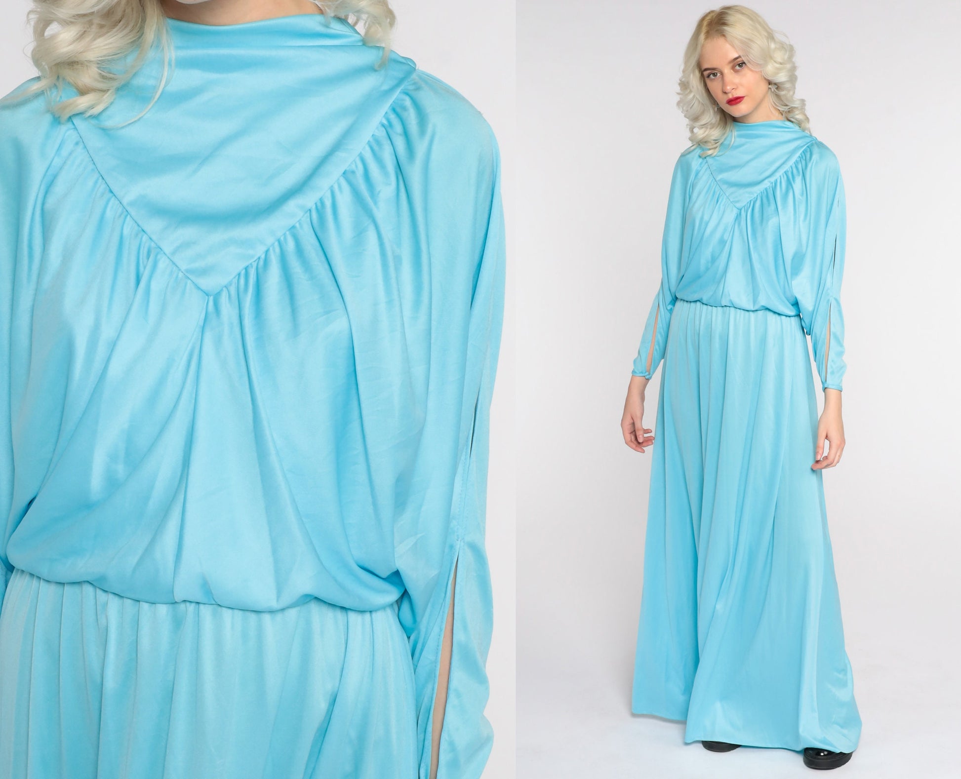 70s Blue Maxi Dress Split Sleeve Blouson Bodice Grecian Small Medium