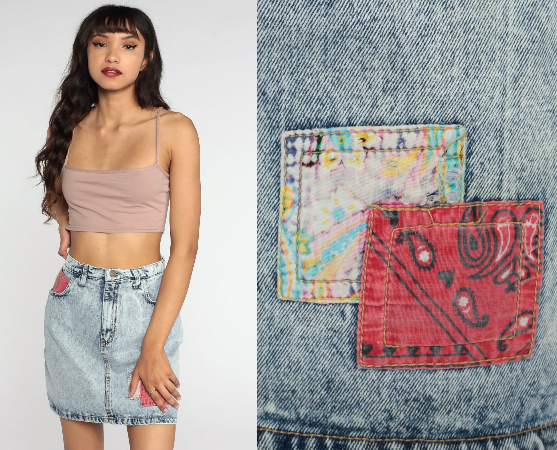 90s Acid Wash Denim Mini Skirt High Waisted Jean Skirt Blue Small S