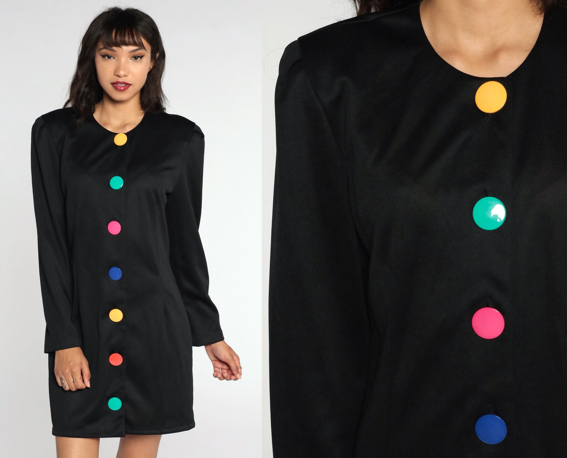 80s Black Mini Dress Rainbow Button Up Long Sleeve Sheath Large 12
