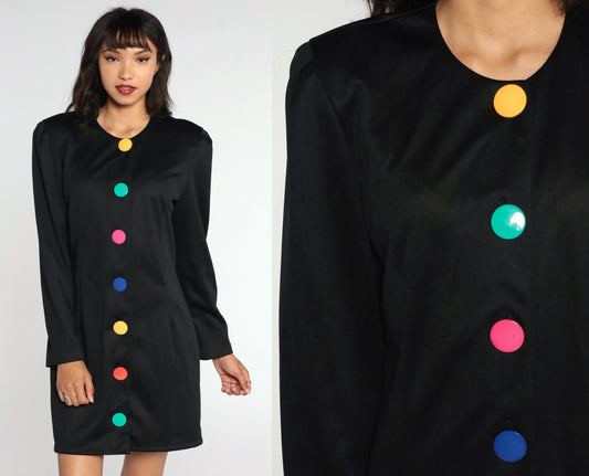 80s Black Mini Dress Rainbow Button Up Long Sleeve Sheath Large 12