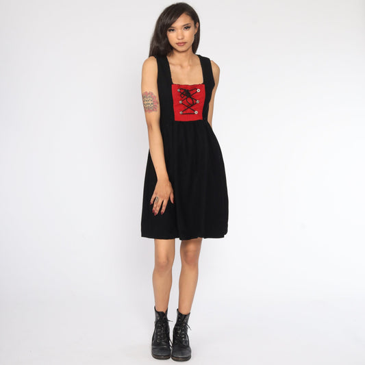 90s German Dirndl Dress Wool Black Mini Lace-Up Corset Small S