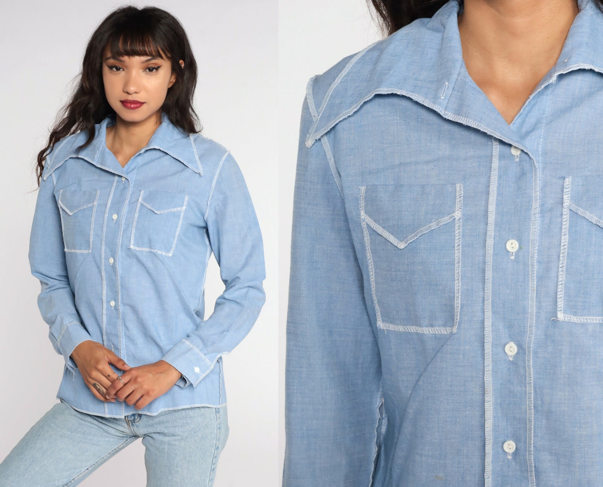 70s Blue Chambray Cotton Button-Up Shirt Long Sleeve Medium