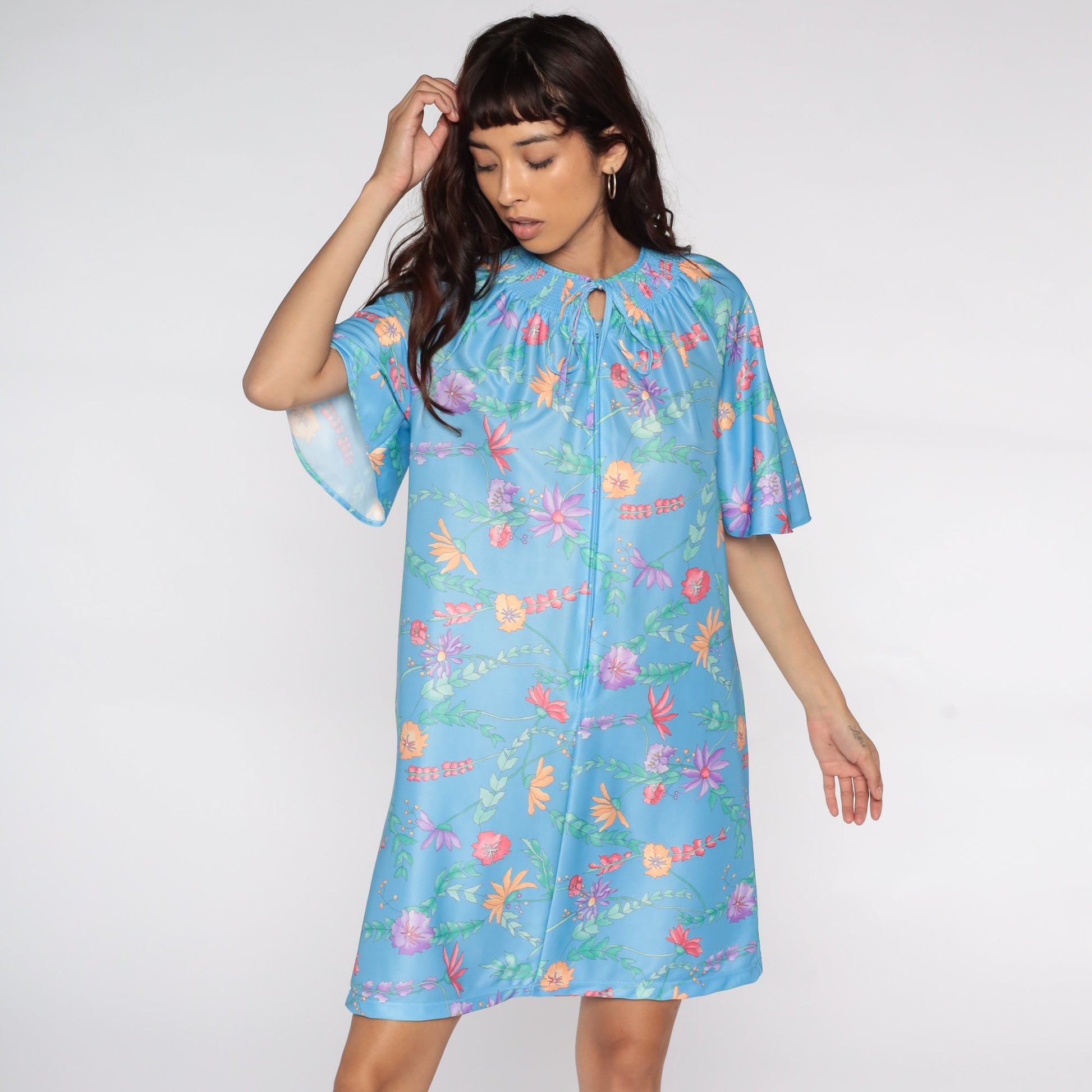 70s Blue Floral Mini Shift Dress Flutter Sleeve Front Zip Lounge Small