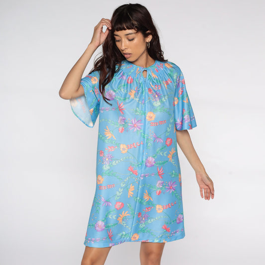 70s Blue Floral Mini Shift Dress Flutter Sleeve Front Zip Lounge Small