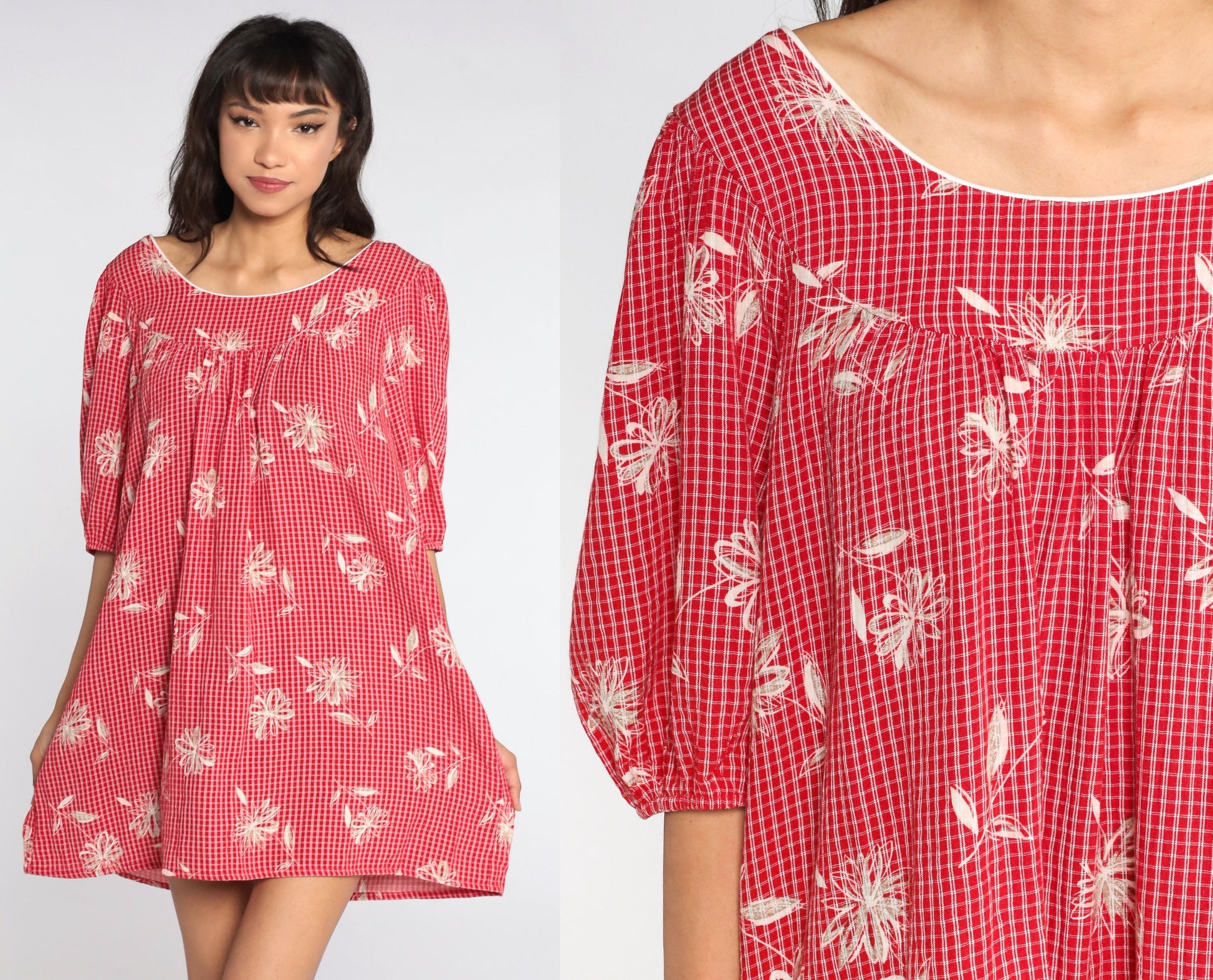 80s Red Checkered Floral Mini Dress Puff Sleeve Shift Cut Large