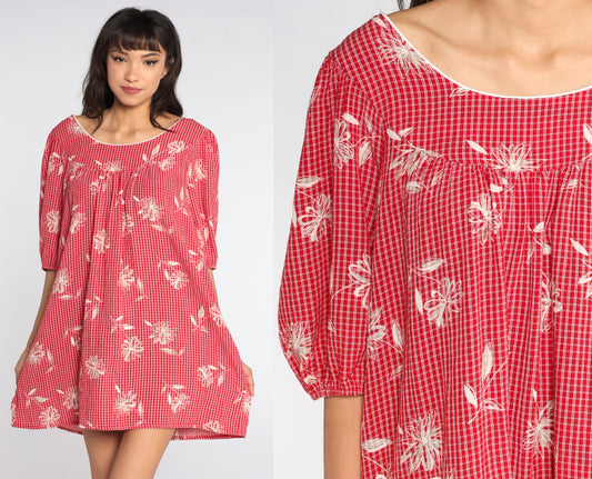 80s Red Checkered Floral Mini Dress Puff Sleeve Shift Cut Large