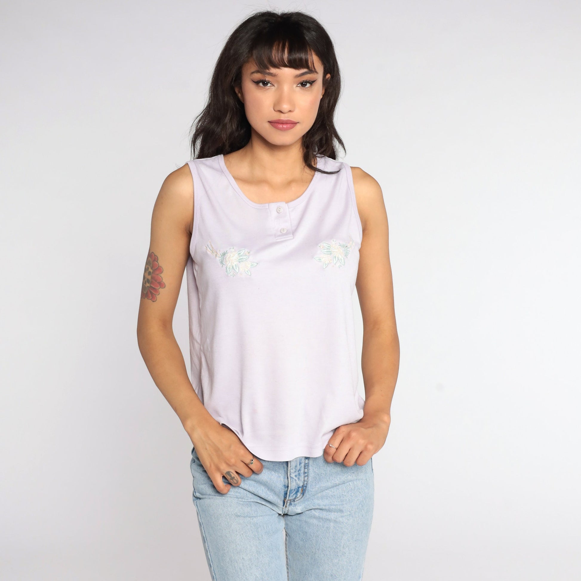 80s Floral Tank Top Lavender Purple Henley Sleeveless Shirt Large