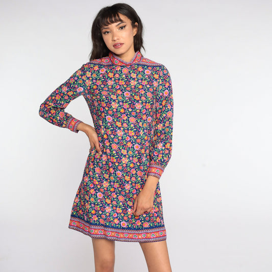 60s Psychedelic Floral Mini Shift Dress Balloon Sleeve Blue Purple Small