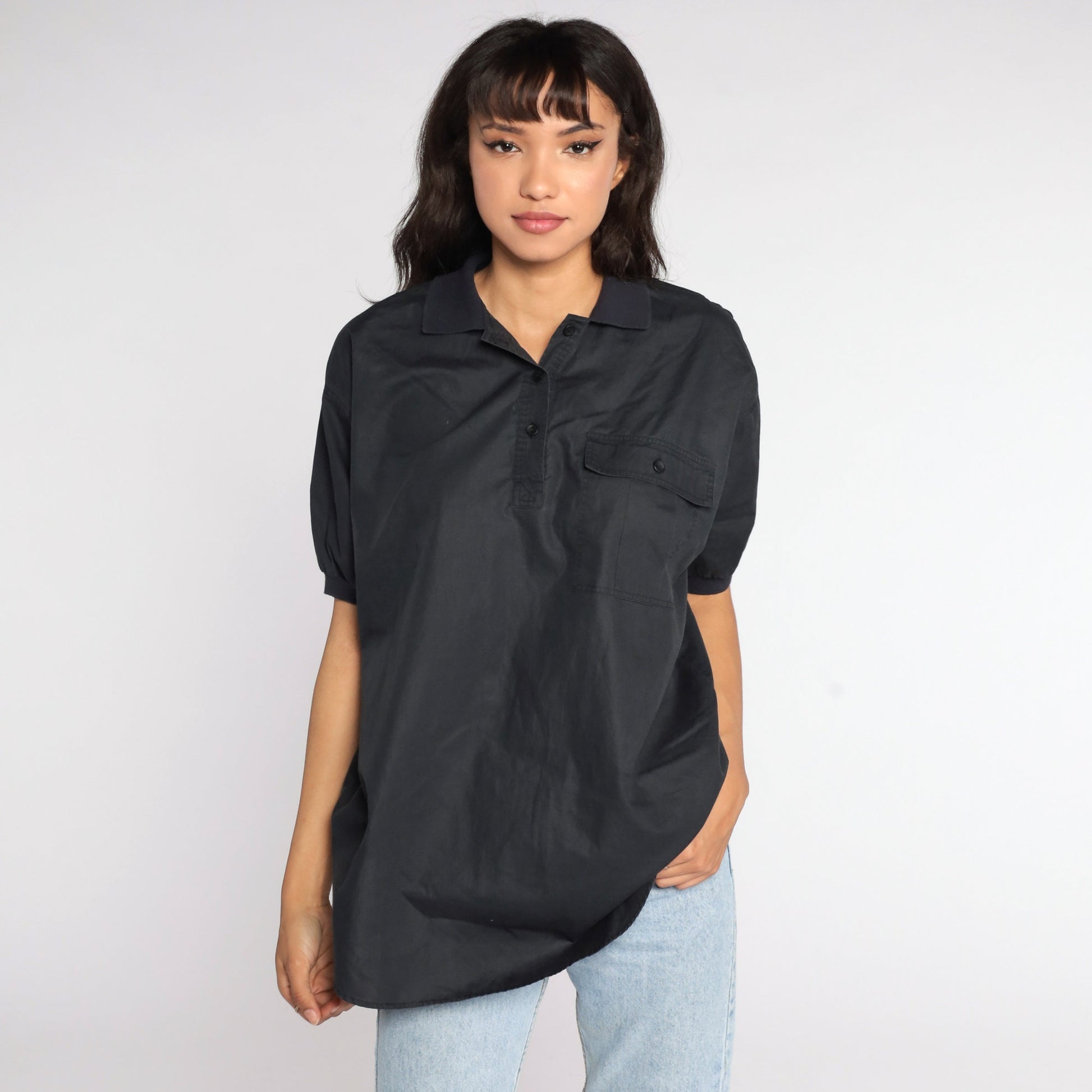 80s Black Polo Shirt Half Button Up Collared Cotton Blend Large