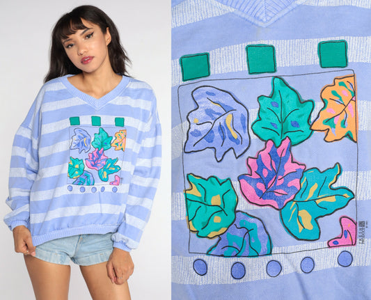 90s Purple Striped Leaf Graphic Sweatshirt Cotton Crewneck Large L