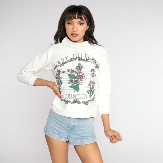 90s L'Art Du Fleur French Floral Graphic Tee Drawstring Neck Long Sleeve Extra Small