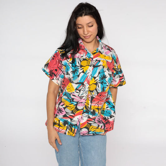 80s Tropical Leaf Print Button Up Shirt Short Sleeve Blouse Extra Large XL