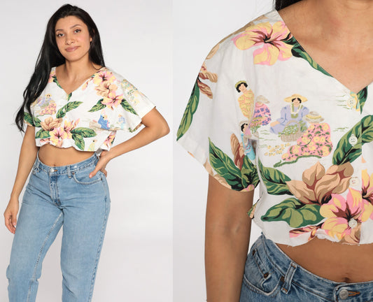 80s Polynesian Woman Tropical Crop Top Button-Up Blouse White Medium Large