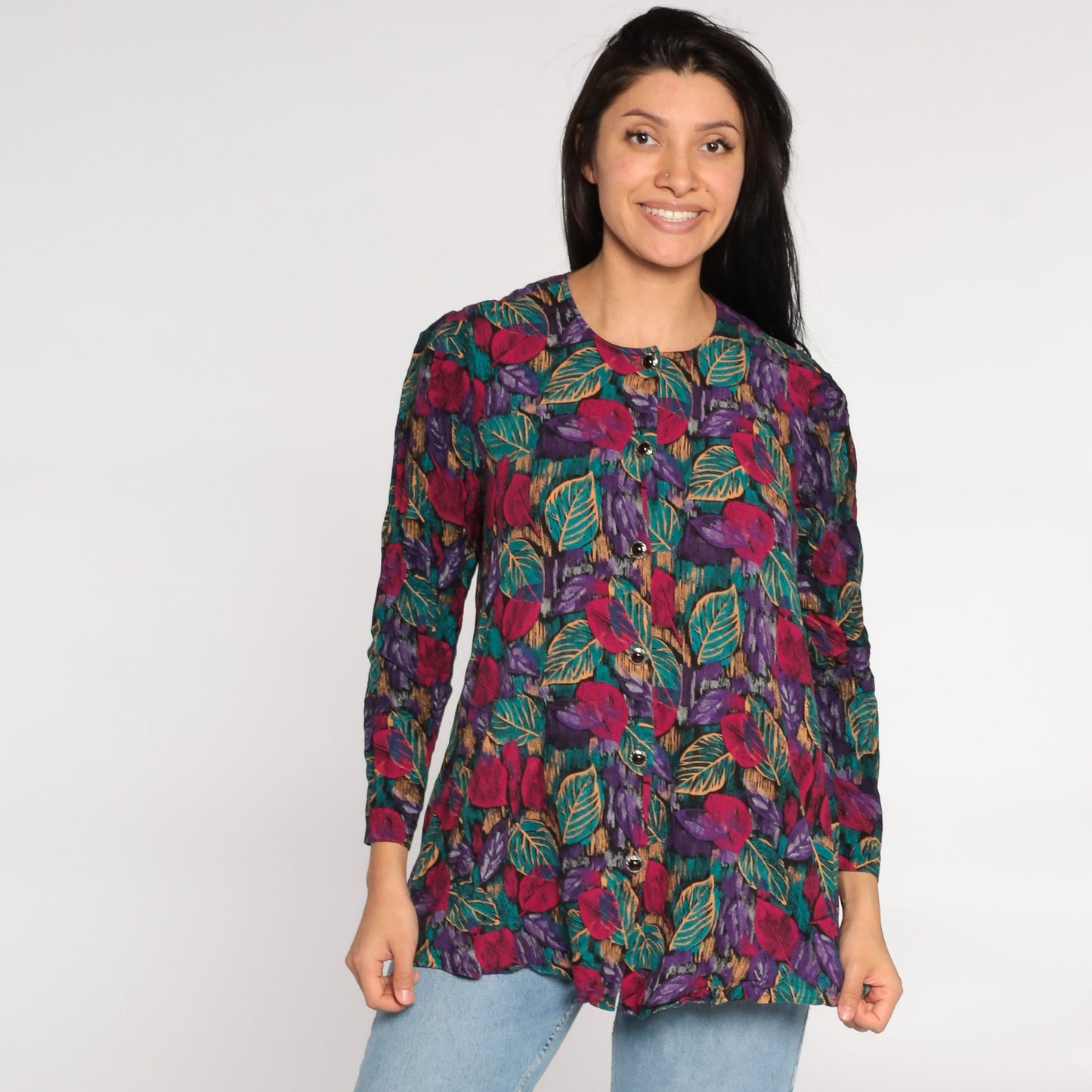 80s Leaf Print Button Up Shirt Purple Pink Rayon Blouse Large