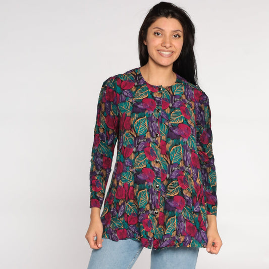 80s Leaf Print Button Up Shirt Purple Pink Rayon Blouse Large