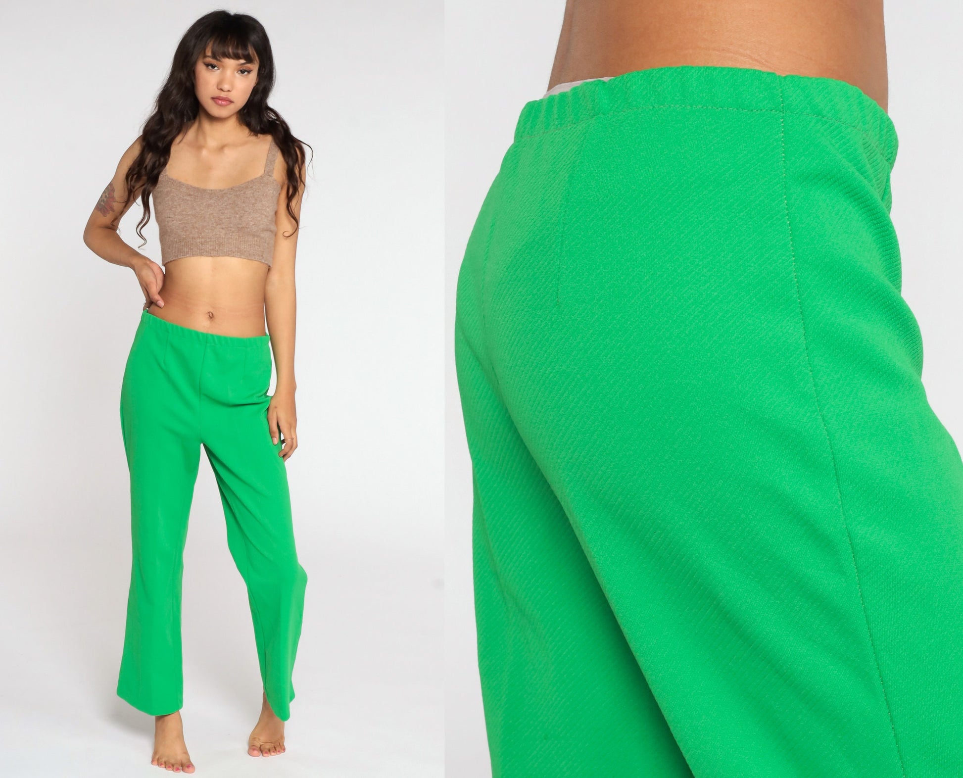 70s Green High Waist Bell Bottom Trousers Polyester Flared Medium Large