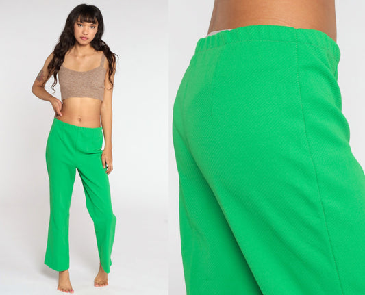 70s Green High Waist Bell Bottom Trousers Polyester Flared Medium Large