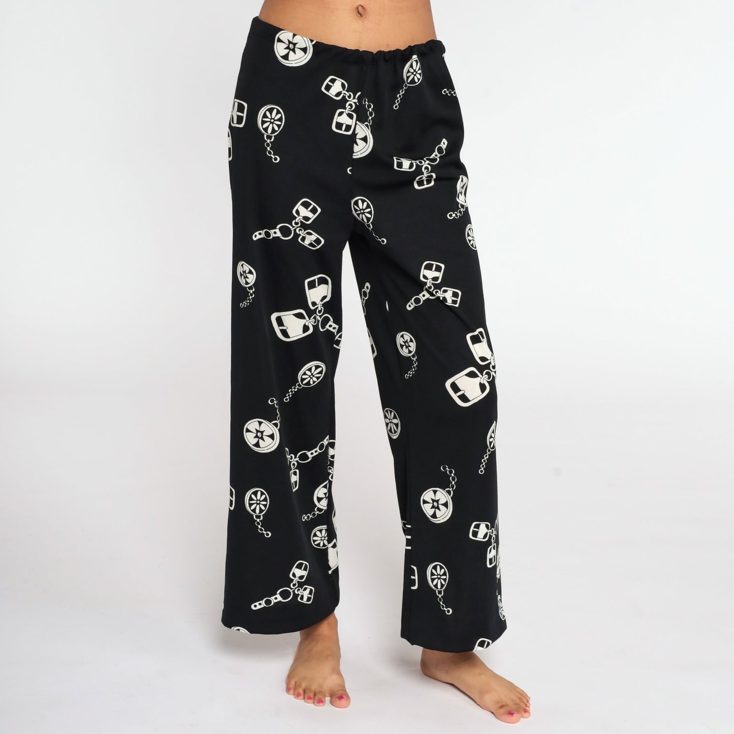 70s Black White Chain Print High Waist Bell Bottom Trousers Medium